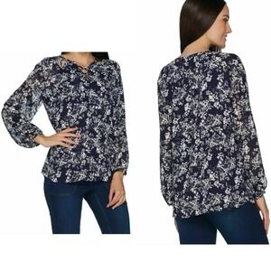 Floral Top Women's Plus Size 2X Blue Illusion Sleeve Boho Sheer Tunic‎ Feminine